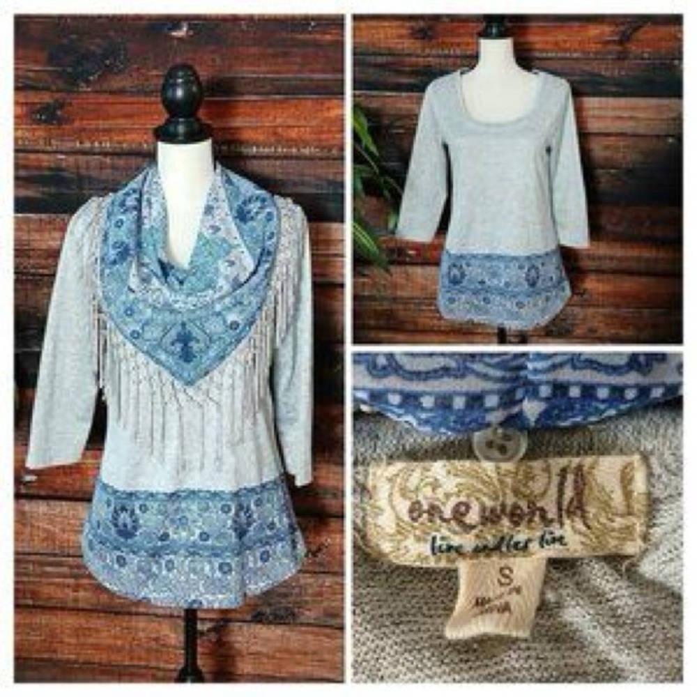 One World Women's Gray and Blue Patterned Blouse